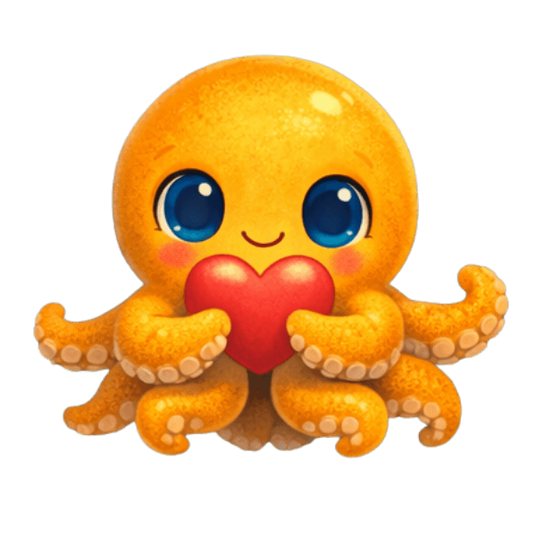 Nomi the octopus holding a heart